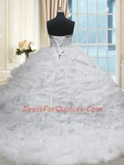Sweetheart Sleeveless Quinceanera Gowns Brush Train Beading and Pick Ups White Organza