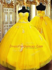 Discount Sleeveless Tulle Floor Length Lace Up Quinceanera Dresses in Gold with Beading and Appliques