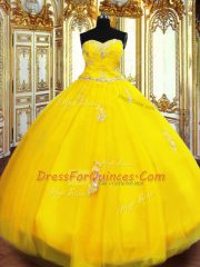 Discount Sleeveless Tulle Floor Length Lace Up Quinceanera Dresses in Gold with Beading and Appliques