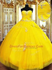 Discount Sleeveless Tulle Floor Length Lace Up Quinceanera Dresses in Gold with Beading and Appliques