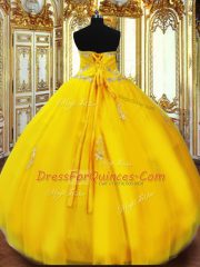 Discount Sleeveless Tulle Floor Length Lace Up Quinceanera Dresses in Gold with Beading and Appliques