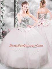 Simple Sweetheart Sleeveless Brush Train Lace Up Quince Ball Gowns Pink Tulle