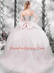 Simple Sweetheart Sleeveless Brush Train Lace Up Quince Ball Gowns Pink Tulle
