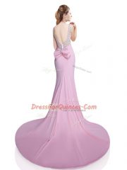 Fabulous Pink Prom Evening Gown Elastic Woven Satin Brush Train Sleeveless Beading and Bowknot