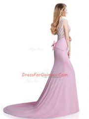 Fabulous Pink Prom Evening Gown Elastic Woven Satin Brush Train Sleeveless Beading and Bowknot