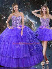 Wonderful Sleeveless Floor Length Beading and Ruffled Layers Lace Up Sweet 16 Quinceanera Dress with Purple