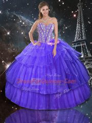 Wonderful Sleeveless Floor Length Beading and Ruffled Layers Lace Up Sweet 16 Quinceanera Dress with Purple