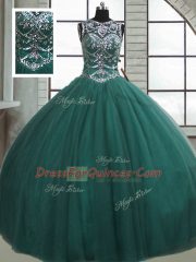 Beautiful Scoop Sleeveless Quinceanera Gown Floor Length Beading Dark Green Tulle
