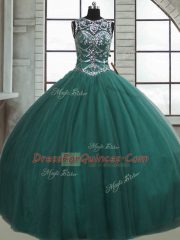 Beautiful Scoop Sleeveless Quinceanera Gown Floor Length Beading Dark Green Tulle