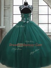 Beautiful Scoop Sleeveless Quinceanera Gown Floor Length Beading Dark Green Tulle