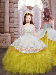 Gold Organza Lace Up Spaghetti Straps Sleeveless Little Girl Pageant Dress Brush Train Embroidery and Ruffles