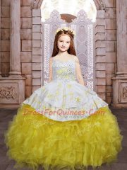 Gold Organza Lace Up Spaghetti Straps Sleeveless Little Girl Pageant Dress Brush Train Embroidery and Ruffles