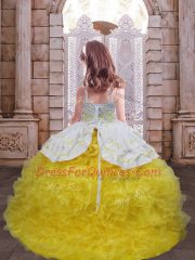 Gold Organza Lace Up Spaghetti Straps Sleeveless Little Girl Pageant Dress Brush Train Embroidery and Ruffles