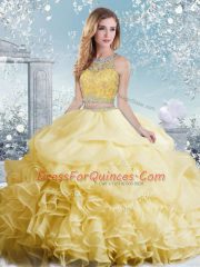 Bateau Sleeveless Sweet 16 Quinceanera Dress Floor Length Beading and Ruffles and Pick Ups Yellow Organza