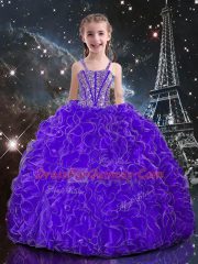 Straps Sleeveless Little Girls Pageant Dress Floor Length Beading and Ruffles Eggplant Purple Organza