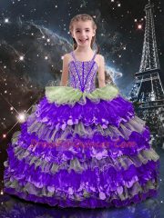 Floor Length Multi-color Little Girls Pageant Dress Organza Sleeveless Beading and Ruffled Layers
