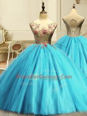 New Arrival Aqua Blue Lace Up Sweet 16 Dress Appliques and Sequins Sleeveless Floor Length