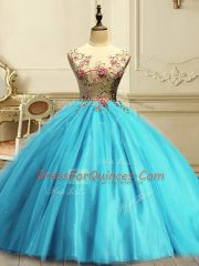 New Arrival Aqua Blue Lace Up Sweet 16 Dress Appliques and Sequins Sleeveless Floor Length