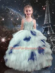 Straps Sleeveless Tulle Pageant Gowns For Girls Beading and Ruffled Layers Lace Up
