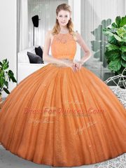 Orange Organza Zipper Scoop Sleeveless Floor Length Ball Gown Prom Dress Lace and Ruching