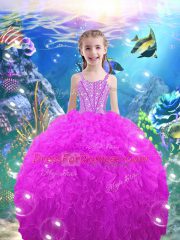 Beading and Ruffles Little Girl Pageant Gowns Fuchsia Lace Up Sleeveless Floor Length