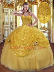 Comfortable Gold Ball Gowns Pick Ups and Hand Made Flower Sweet 16 Dress Lace Up Tulle Sleeveless Floor Length