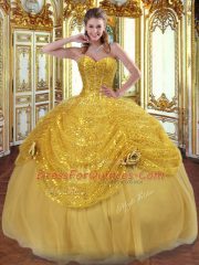 Comfortable Gold Ball Gowns Pick Ups and Hand Made Flower Sweet 16 Dress Lace Up Tulle Sleeveless Floor Length
