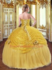 Comfortable Gold Ball Gowns Pick Ups and Hand Made Flower Sweet 16 Dress Lace Up Tulle Sleeveless Floor Length