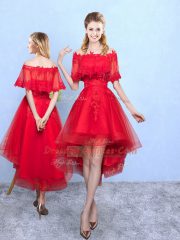 Sexy A-line Vestidos de Damas Wine Red Off The Shoulder Organza Half Sleeves High Low Lace Up