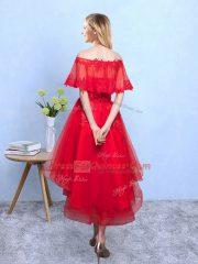 Sexy A-line Vestidos de Damas Wine Red Off The Shoulder Organza Half Sleeves High Low Lace Up