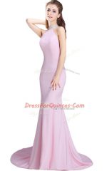 Extravagant Mermaid Sleeveless Baby Pink Prom Evening Gown Brush Train Side Zipper