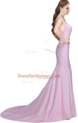 Extravagant Mermaid Sleeveless Baby Pink Prom Evening Gown Brush Train Side Zipper