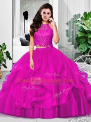 Comfortable Floor Length Fuchsia Sweet 16 Dress Halter Top Sleeveless Zipper