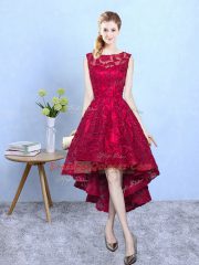 Super Burgundy Scoop Neckline Lace Damas Dress Sleeveless Zipper