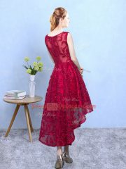 Super Burgundy Scoop Neckline Lace Damas Dress Sleeveless Zipper