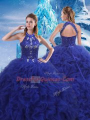 Charming Blue Scoop Neckline Beading and Ruffles Vestidos de Quinceanera Sleeveless Lace Up