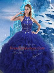 Charming Blue Scoop Neckline Beading and Ruffles Vestidos de Quinceanera Sleeveless Lace Up