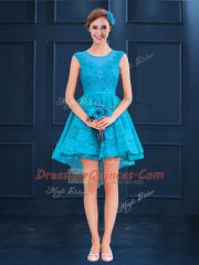 Excellent Baby Blue A-line Lace Damas Dress Lace Up Satin and Lace Sleeveless High Low