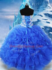 Sleeveless Floor Length Beading and Ruffles Lace Up Quinceanera Dresses with Blue