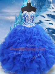 Sleeveless Floor Length Beading and Ruffles Lace Up Quinceanera Dresses with Blue