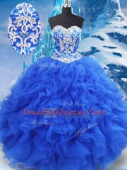 Sleeveless Floor Length Beading and Ruffles Lace Up Quinceanera Dresses with Blue