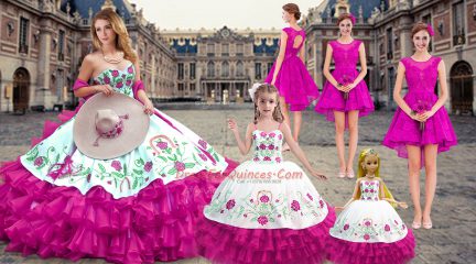 Fuchsia Sweetheart Lace Up Embroidery and Ruffled Layers Sweet 16 Dress Sleeveless
