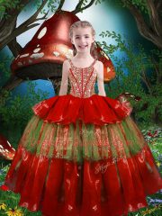 Red Straps Lace Up Beading and Ruffled Layers Kids Pageant Dress Sleeveless
