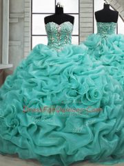 Simple Beading and Pick Ups Quince Ball Gowns Turquoise Lace Up Sleeveless Brush Train