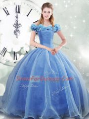 Brush Train Ball Gowns Quinceanera Dresses Light Blue Off The Shoulder Organza Sleeveless Lace Up