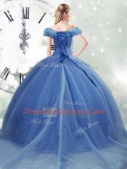Brush Train Ball Gowns Quinceanera Dresses Light Blue Off The Shoulder Organza Sleeveless Lace Up