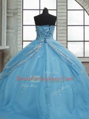 Customized Baby Blue Tulle Lace Up Sweetheart Sleeveless Floor Length Quince Ball Gowns Beading and Appliques and Sequins