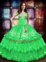 Floor Length Lace Up Sweet 16 Dresses Green for Military Ball and Sweet 16 and Quinceanera with Embroidery and Ruffled Layers