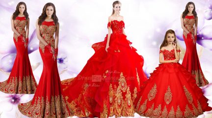 Sleeveless Tulle Brush Train Lace Up Quinceanera Gowns in Red with Beading and Appliques and Embroidery