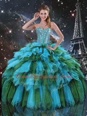 Elegant Sweetheart Sleeveless Organza 15 Quinceanera Dress Beading and Ruffles and Ruffled Layers Lace Up